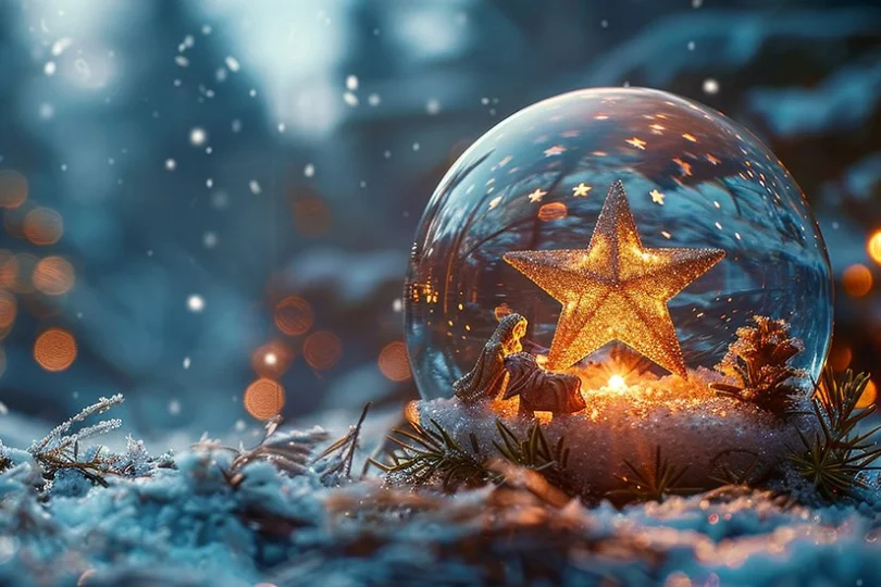 Niebieskie tło, a na nim motywy świąteczne - bombka i gwiazda