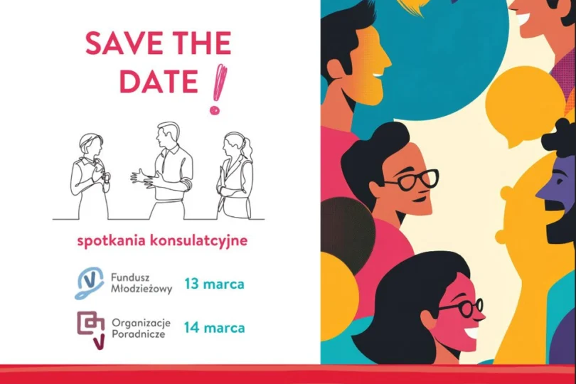 Na białym tle sylwetki rozmawiających osób. Obok napis: Save the date! Spotkania konsultacyjne, fundusz młodzieżowy 13 marca, organizacje pozarządowe 14 marca