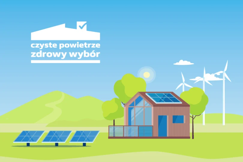 Grafika przedstawia dom na niebiesko-zielonym tle