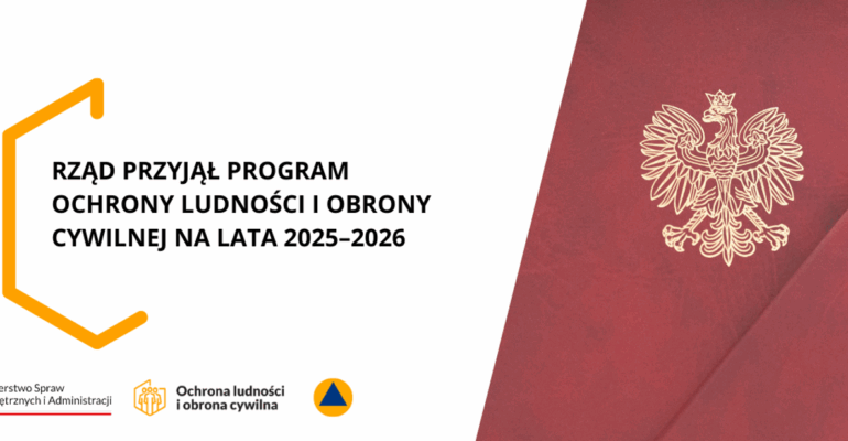 Grafika przedstawia polskie godło i napis na białym tle: Rząd przyjął program ochrony ludności 2025 - 2026i obrony cywilnej na lata