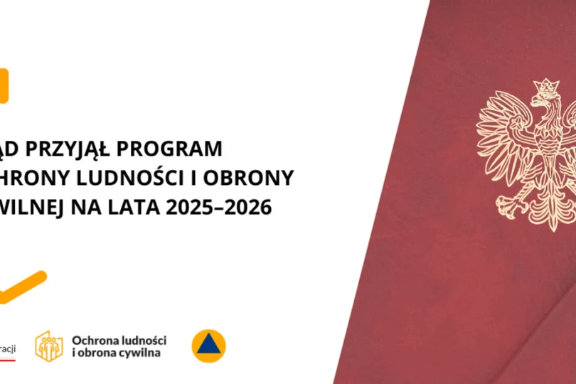 Grafika przedstawia polskie godło i napis na białym tle: Rząd przyjął program ochrony ludności 2025 - 2026i obrony cywilnej na lata