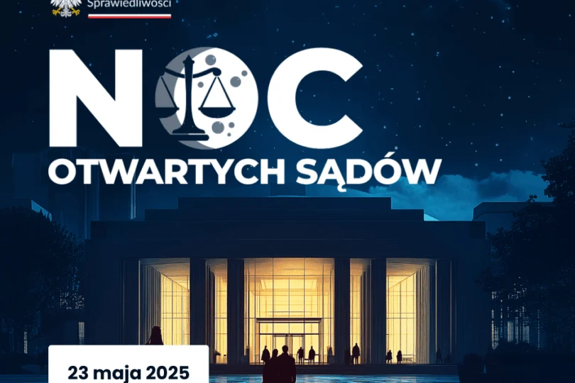 Grafika przedstawia budynek sądu na granatowym tle i napis: Ministerstwo Sprawiedliwości, Noc Otwartych Sadów 23 maja 2025