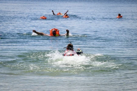 Zdjęcie przedstawia uczestników pikniku edukacyjnego nad Jeziorem Tarnobrzeskim