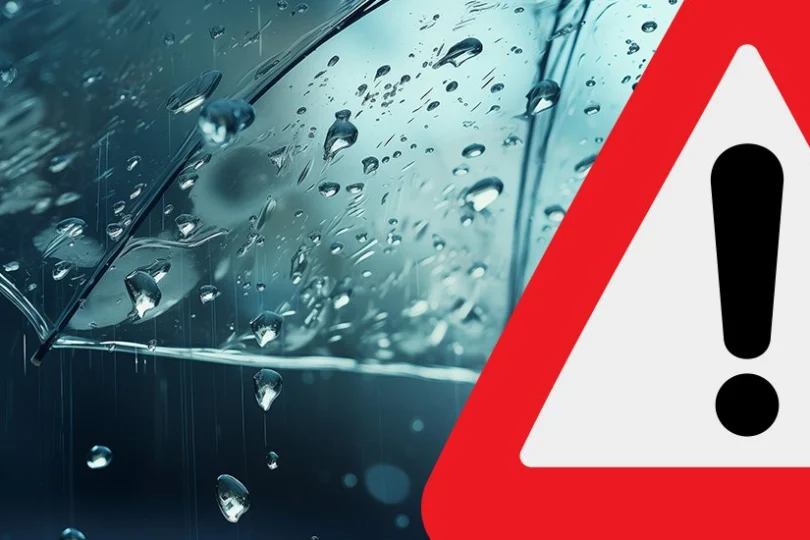 Grafika przedstawia deszczową pogodę, fragment parasola i ostrzegawczy trójkąt z wykrzyknikiem