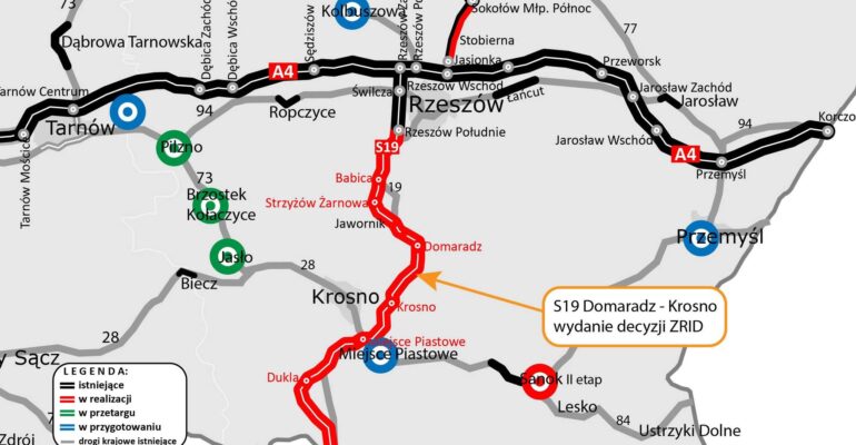 Mapa ilustrująca przebieg drogi S19 na terenie Podkarpacia.