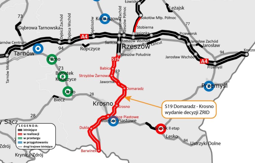 Mapa ilustrująca przebieg drogi S19 na terenie Podkarpacia.