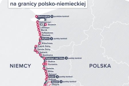 Grafika przedstawia mape i napis: Tymczasowe punkty kontroli na granicy polsko-niemieckiej