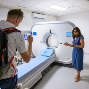 Zdjęcie przedstawia uczestników otwarcia pracowni tomografii komputerowej w Nowej Dębie