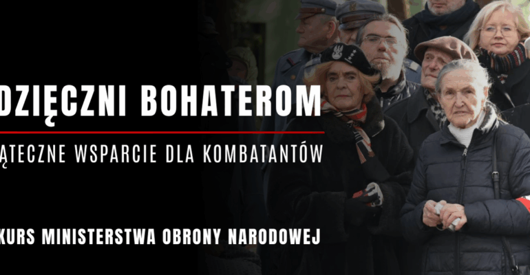 Grafika przedstawia zdjęcie kombatantów. Obok napis: Wdzięczni bohaterom. Świąteczne wsparcie dla kombatantów. Konkurs Ministerstwa Obrony Narodowej