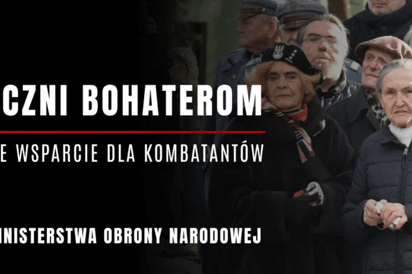 Grafika przedstawia zdjęcie kombatantów. Obok napis: Wdzięczni bohaterom. Świąteczne wsparcie dla kombatantów. Konkurs Ministerstwa Obrony Narodowej