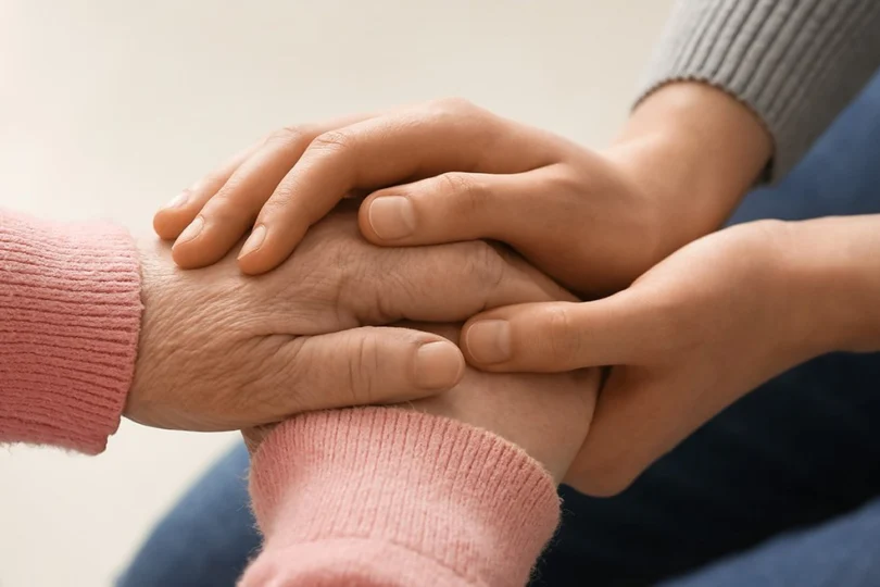 Grafika przedstawiająca ręce młodej osoby, które obejmują dłonie starszej osoby.