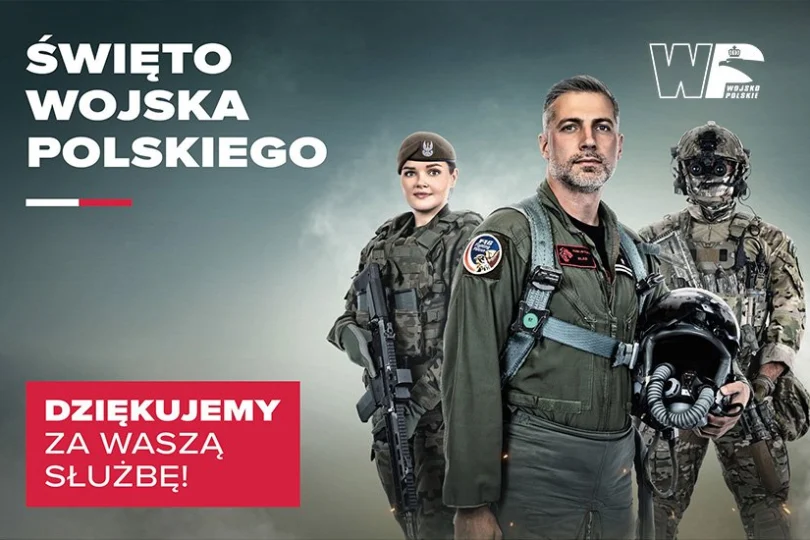 Grafika przedstawia sylwetki żołnierzy oraz napis Święto Wojska Polskiego, Dziękujemy za Waszą Służbę