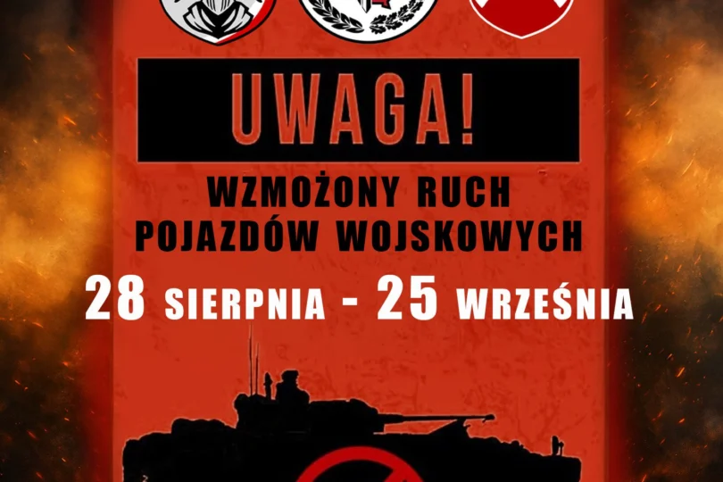 Infografika z napisem Uwaga! Wzmożony ruch pojazdów wojskowych