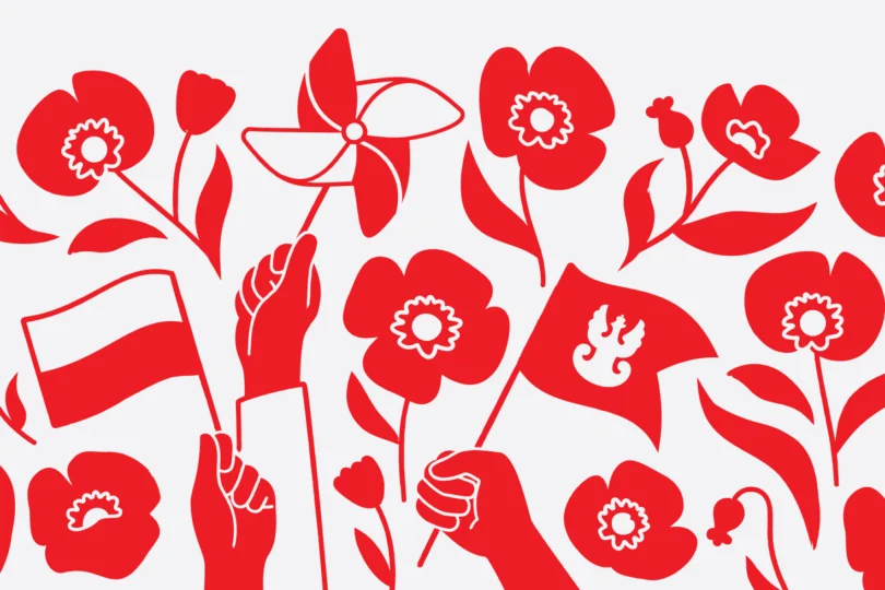 Grafika przedstawia drobne czerwone kwiatki i flagi