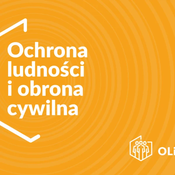 Grafika z napisem na żółtym tle Ochrona Ludności i obrona Cywilna