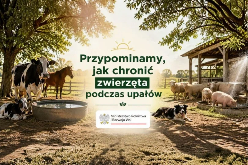 Grafika z napisem: Przypominamy, jak chronić zwierzęta podczas upałów